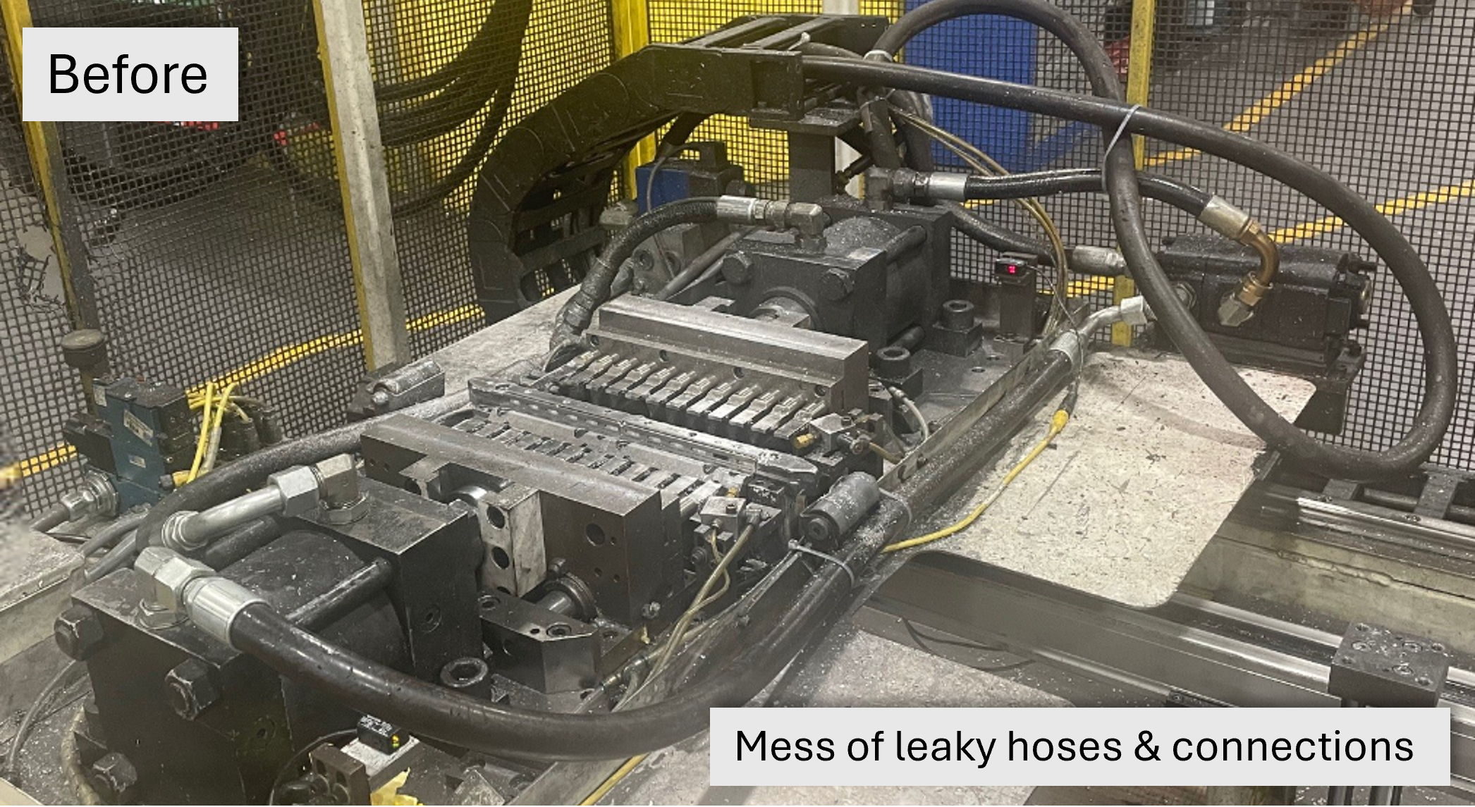 Before - Mess of leaky hoses & connections Synchronized Aluminum Punch Press